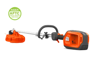 Side view of a battery-powered string trimmer in studio, showing battery housing and trimmer head.