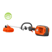 Side view of a battery-powered string trimmer in studio, showing battery housing and trimmer head.