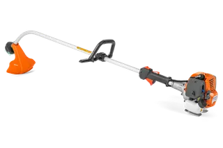 Side view of a Husqvarna grass trimmer with ergonomic handle and engine.