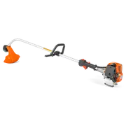Side view of a Husqvarna grass trimmer with ergonomic handle and engine.