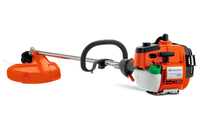 Side view of a Husqvarna grass trimmer with ergonomic handle and visible engine.