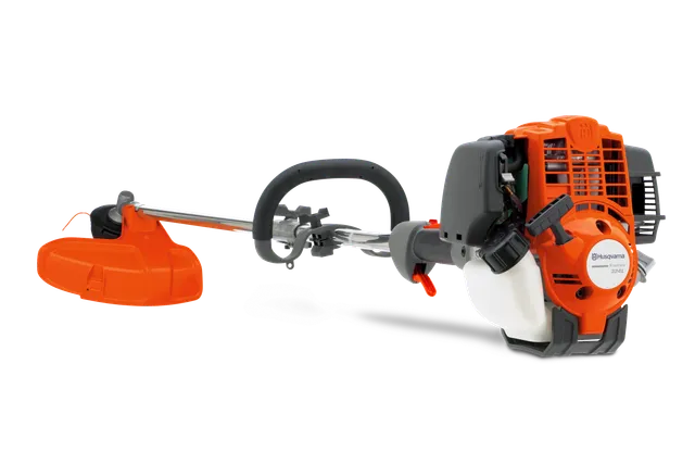 Seitenansicht eines Husqvarna Rasentrimmers mit ergonomischem Griff und Schutzvorrichtung.