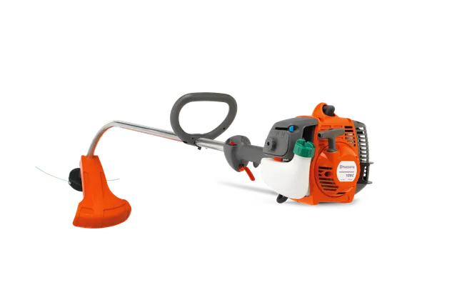 Vedere laterală a unui aparat de tuns cu fir Husqvarna cu mâner ergonomic și arbore curbat.