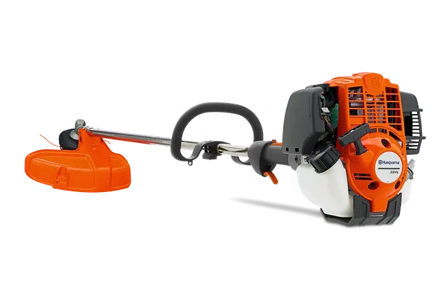 Side view of a Husqvarna brush cutter with ergonomic handle and protective guard.