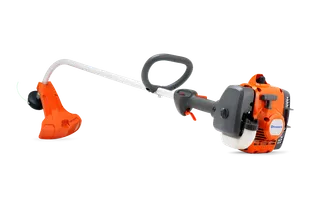 Side view of a Husqvarna grass trimmer with ergonomic handle and visible engine.