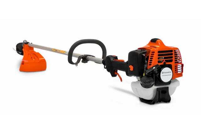 Side view of a Husqvarna string trimmer with ergonomic handle and engine.