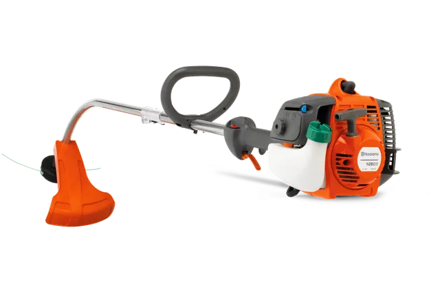 Side view of a Husqvarna string trimmer with ergonomic handle and visible engine components.