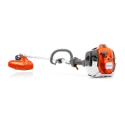 Side view of a Husqvarna brush cutter with ergonomic handle and cutting head.