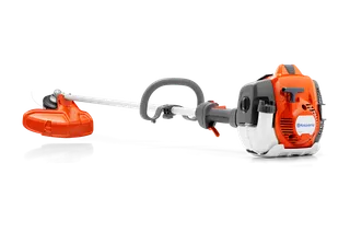 Side view of a Husqvarna brush cutter with ergonomic handle and cutting head.