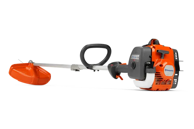Side view of a Husqvarna grass trimmer with ergonomic handle and cutting head.