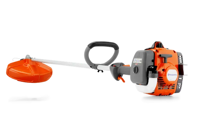 Seitenansicht einer Husqvarna Motorsense mit ergonomischem Griff und sichtbarem Motor.