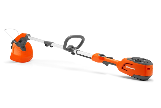 Side view of a Husqvarna battery-powered grass trimmer.