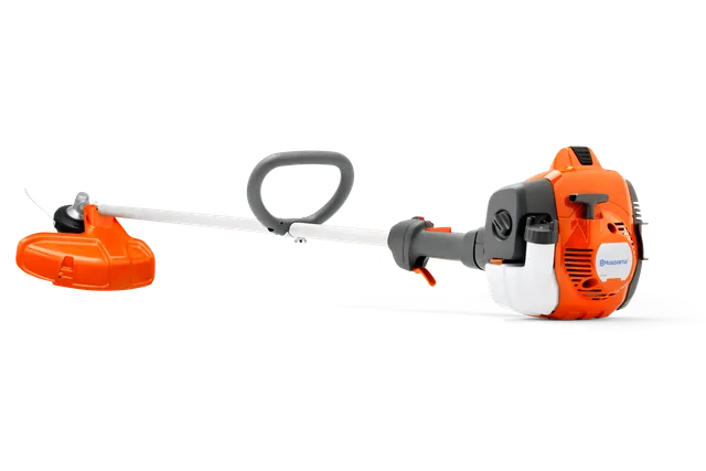 Side view of a Husqvarna grass trimmer with ergonomic handle and engine.