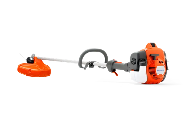 Side view of a Husqvarna grass trimmer with ergonomic handle and engine.