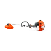 Side view of a Husqvarna grass trimmer with ergonomic handle and engine.