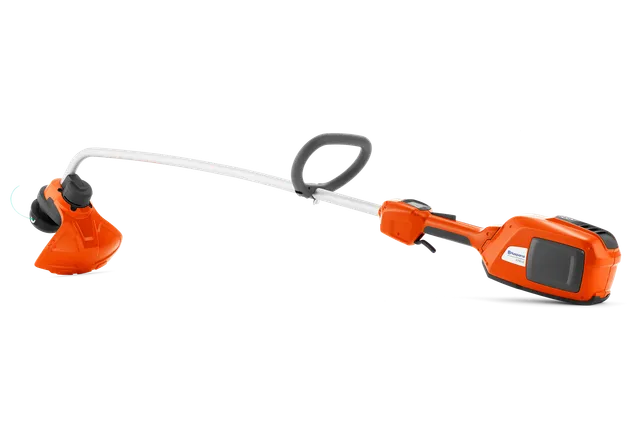 Side view of a Husqvarna battery-powered grass trimmer.