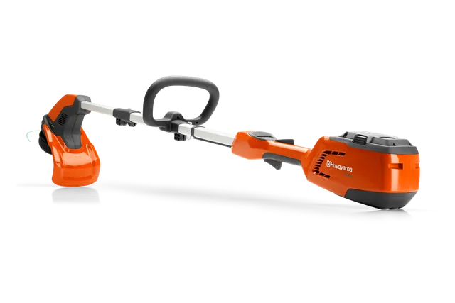 Side view of a Husqvarna battery-powered grass trimmer.