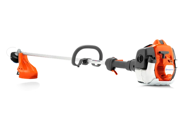 Side view of a Husqvarna string trimmer with ergonomic handle and cutting head.