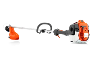 Side view of a Husqvarna string trimmer with ergonomic handle and cutting head.