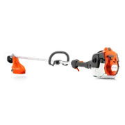Side view of a Husqvarna string trimmer with ergonomic handle and cutting head.