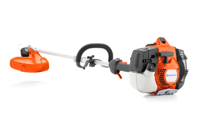Side view of a Husqvarna brush cutter showcasing its engine and cutting head.