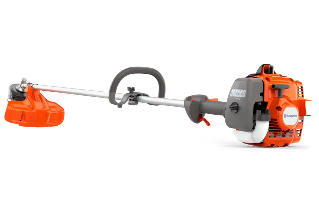 Vue latérale d’un coupe-bordures Husqvarna avec poignée ergonomique et moteur visible.