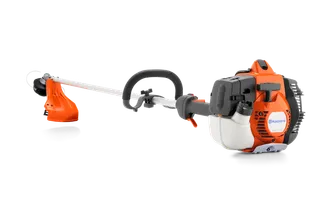 Side view of a Husqvarna string trimmer with ergonomic handle.