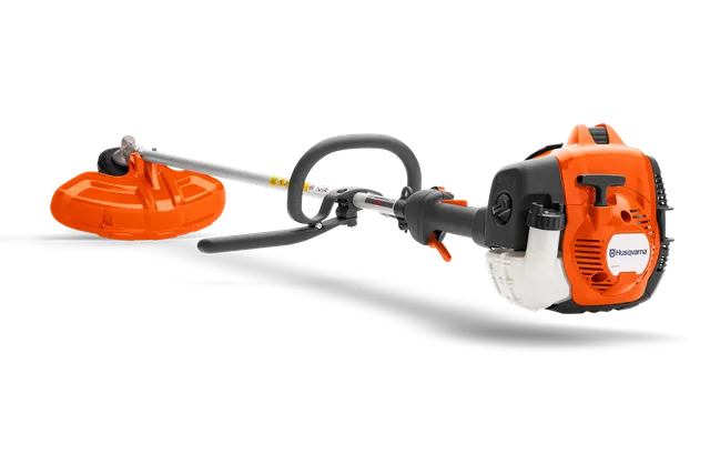 Zijaanzicht van een Husqvarna bosmaaier met ergonomisch handvat en snijmes.