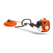 Side view of a Husqvarna brush cutter with ergonomic handle and cutting blade.