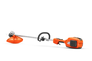 Side view of a cordless grass trimmer with ergonomic handle and protective guard.