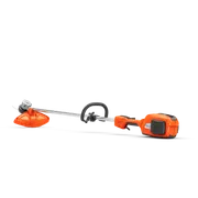 Side view of a cordless grass trimmer with ergonomic handle and protective guard.