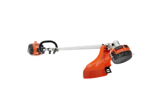 Side view of a Husqvarna string trimmer with protective guard.