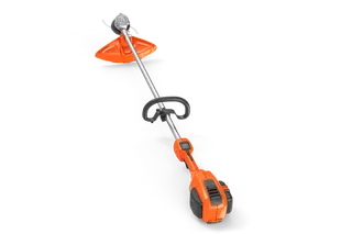 Side view of a battery-powered grass trimmer with ergonomic handle.