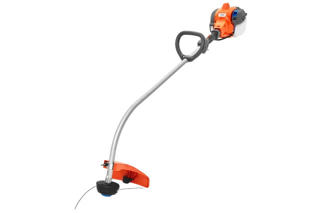 Side view of a string trimmer with a curved shaft and protective guard.