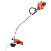 Side view of a string trimmer with a curved shaft and protective guard.