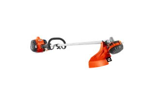 Side view of a string trimmer with a protective guard and ergonomic handle.