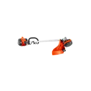 Side view of a string trimmer with a protective guard and ergonomic handle.