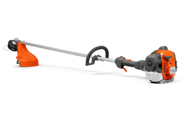 Side view of a Husqvarna grass trimmer with a long shaft and ergonomic handle.