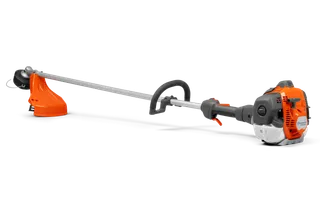 Side view of a Husqvarna grass trimmer with a long shaft and ergonomic handle.