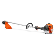 Side view of a Husqvarna grass trimmer with a long shaft and ergonomic handle.