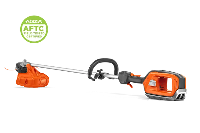 Battery string trimmer side view showing trimmer head and battery compartment; AGZA AFTC badge.