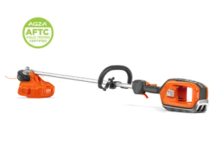 Battery string trimmer side view showing trimmer head and battery compartment; AGZA AFTC badge.