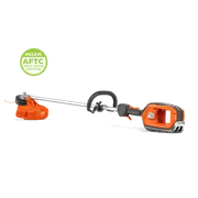 Battery string trimmer side view showing trimmer head and battery compartment; AGZA AFTC badge.