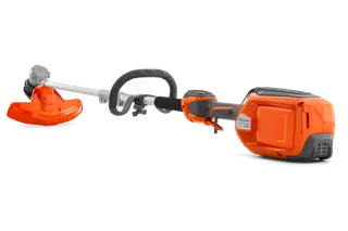 Side view of a Husqvarna battery-powered trimmer showcasing its ergonomic handle and cutting head.