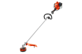 Side view of a grass trimmer with a loop handle and cutting head.