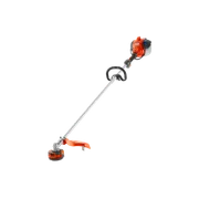 Side view of a grass trimmer with a loop handle and cutting head.