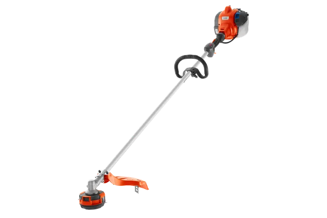 Side view of a grass trimmer with a loop handle and cutting head.