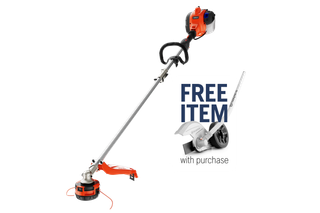 Side view of a string trimmer. Graphic shows “FREE ITEM” and an edger attachment.