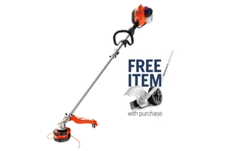 Side view of a string trimmer. Graphic shows “FREE ITEM” and an edger attachment.