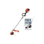 Side view of a string trimmer. Graphic shows “FREE ITEM” and an edger attachment.